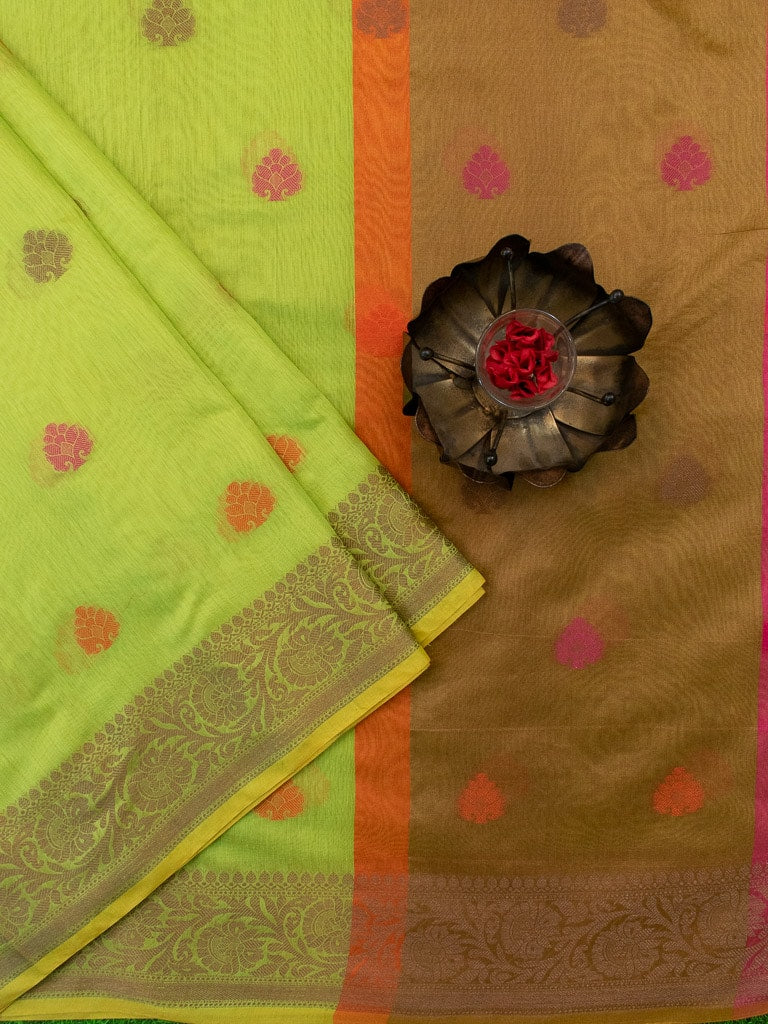 Banarasi Soft Cotton Saree With Meena Floral Weaving & Resham Border-Green