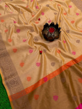 Banarasi Soft Cotton Saree With Meena Floral Weaving & Resham Border-Beige