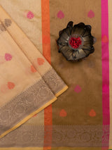 Banarasi Soft Cotton Saree With Meena Floral Weaving & Resham Border-Beige