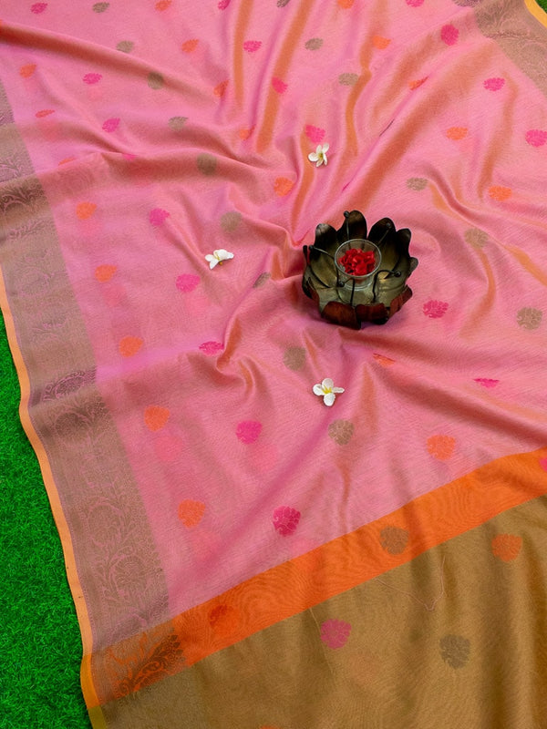 Banarasi Soft Cotton Saree With Meena Floral Weaving & Resham Border-Pink