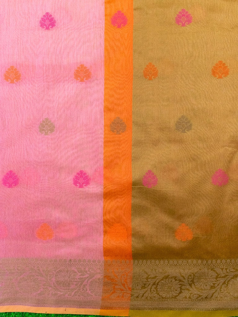 Banarasi Soft Cotton Saree With Meena Floral Weaving & Resham Border-Pink