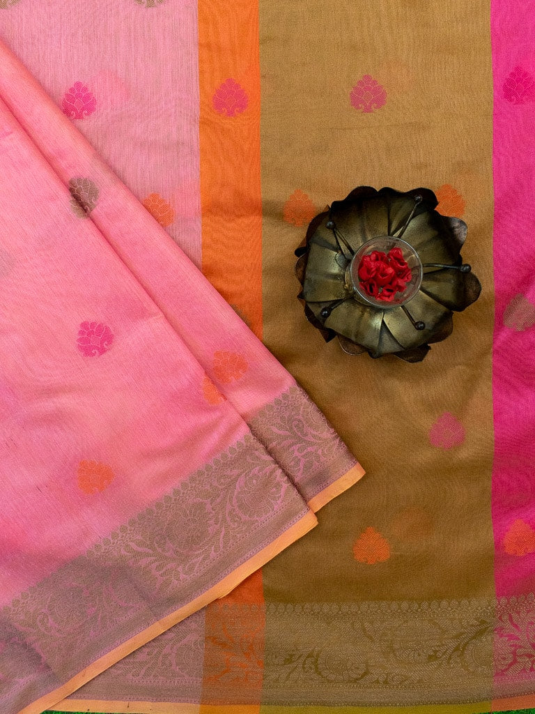 Banarasi Soft Cotton Saree With Meena Floral Weaving & Resham Border-Pink