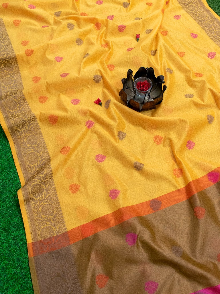 Banarasi Soft Cotton Saree With Meena Floral Weaving & Resham Border -Yellow