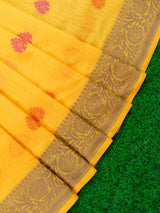 Banarasi Soft Cotton Saree With Meena Floral Weaving & Resham Border -Yellow