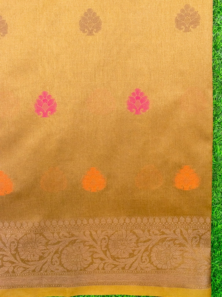 Banarasi Soft Cotton Saree With Meena Floral Weaving & Resham Border-Pink