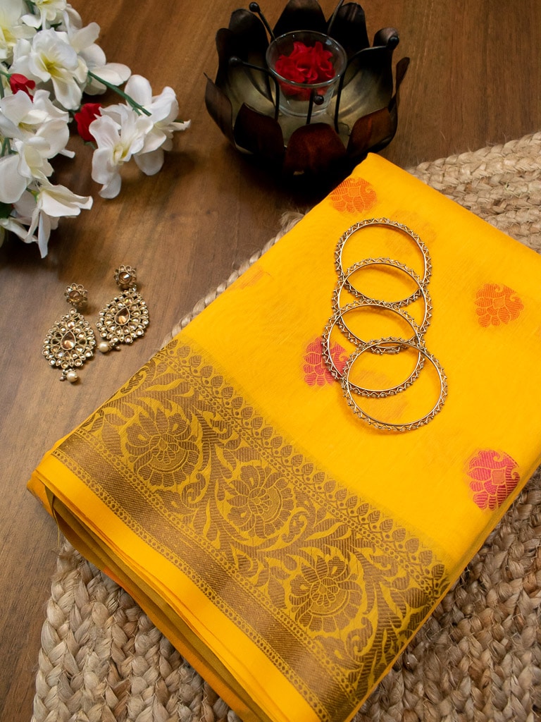 Banarasi Soft Cotton Saree With Meena Floral Weaving & Resham Border -Yellow