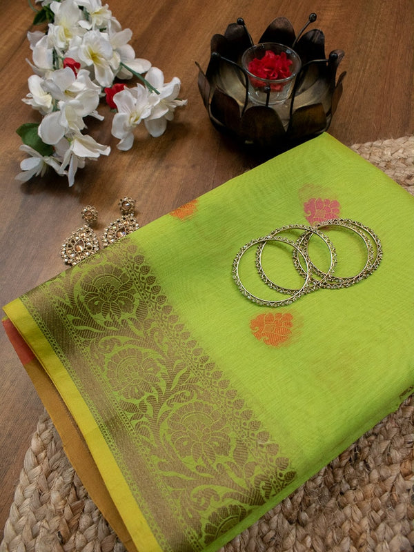 Banarasi Soft Cotton Saree With Meena Floral Weaving & Resham Border-Green
