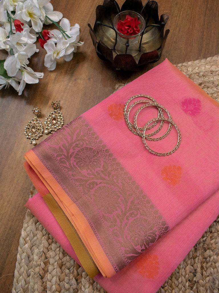 Banarasi Soft Cotton Saree With Meena Floral Weaving & Resham Border-Pink