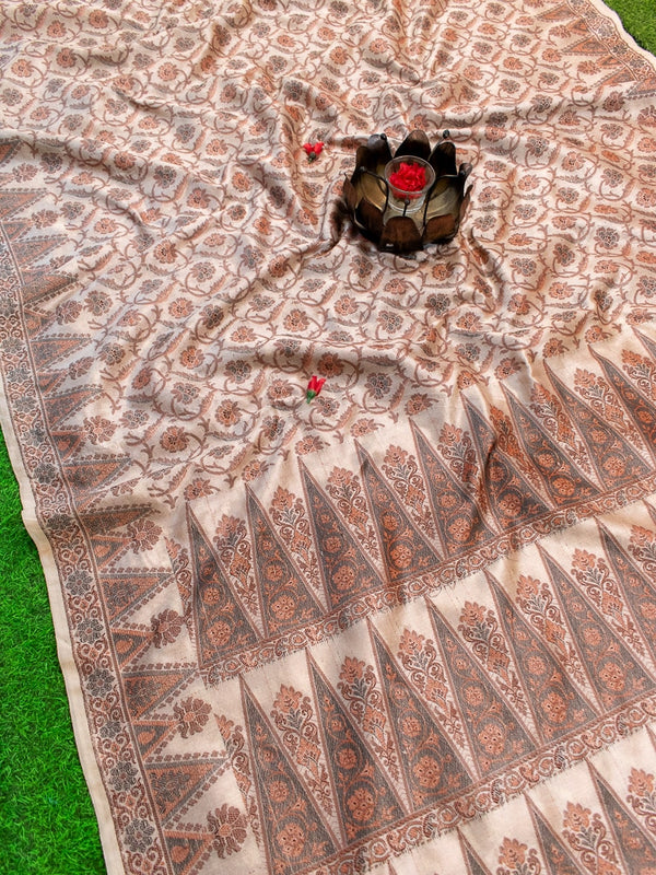 Banarasi Semi Silk Saree With Antique Resham Weaving-Beige