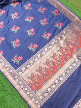 Banarasi Art Katan Silk Saree With Meena Buta Weaving-Navy Blue