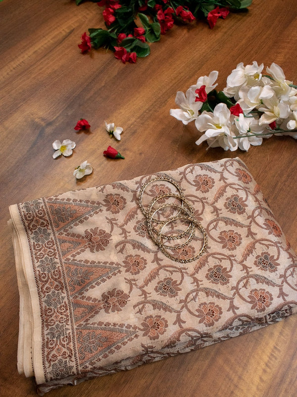 Banarasi Semi Silk Saree With Antique Resham Weaving-Beige