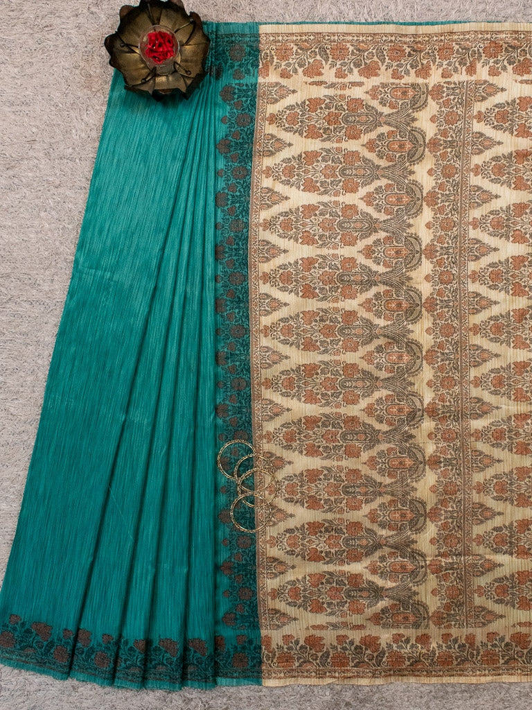 Banarasi Ghiccha Saree With Contrast Pallu-Beige & Teal