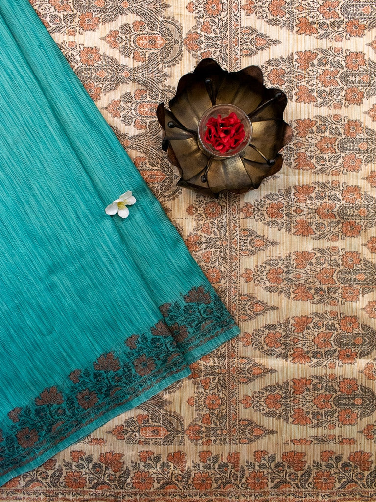 Banarasi Ghiccha Saree With Contrast Pallu-Beige & Teal