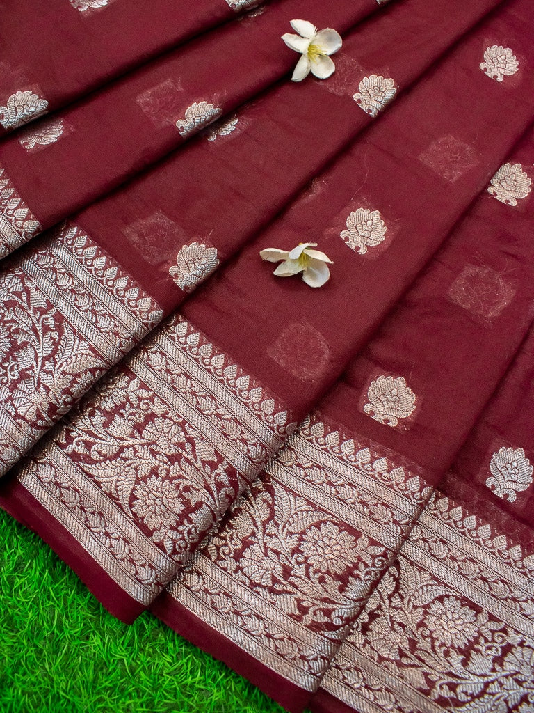 Banarasi  Semi Chiffon Saree Silver Zari Buti Weaving-Wine