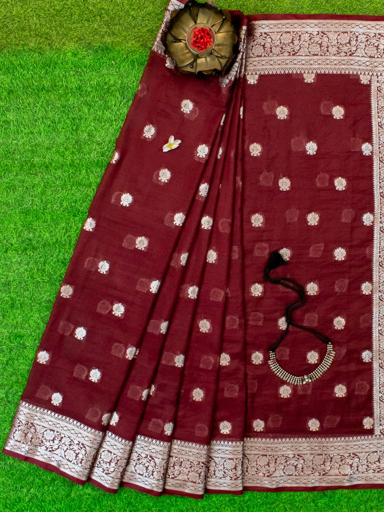 Banarasi  Semi Chiffon Saree Silver Zari Buti Weaving-Wine