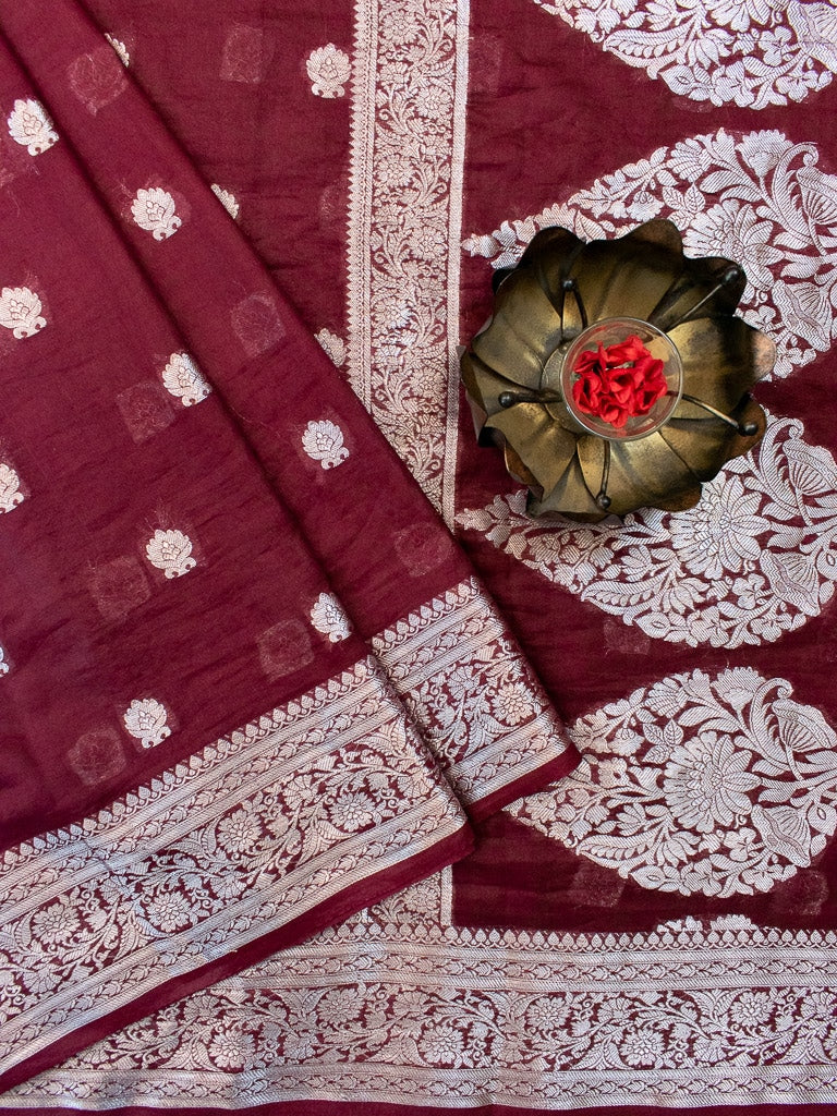 Banarasi  Semi Chiffon Saree Silver Zari Buti Weaving-Wine