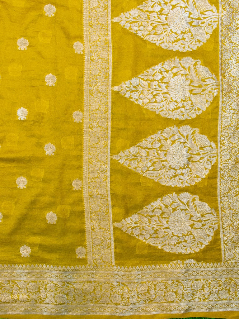 Banarasi  Semi Chiffon Saree Silver Zari Buti Weaving-Yellow