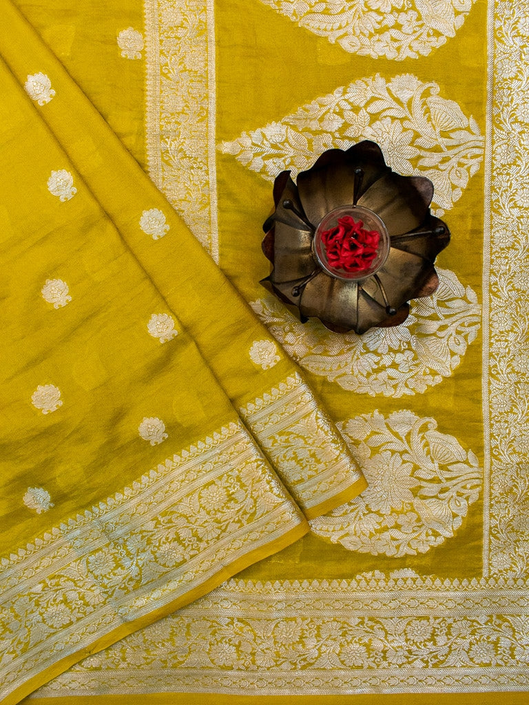 Banarasi  Semi Chiffon Saree Silver Zari Buti Weaving-Yellow