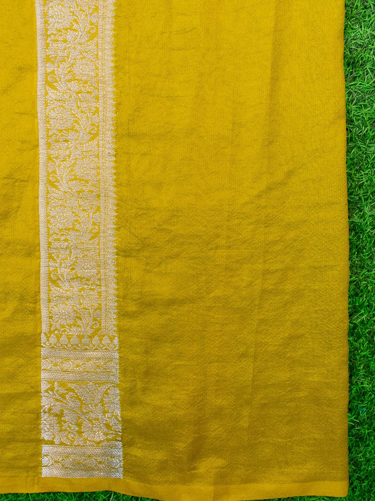 Banarasi  Semi Chiffon Saree Silver Zari Buti Weaving-Yellow