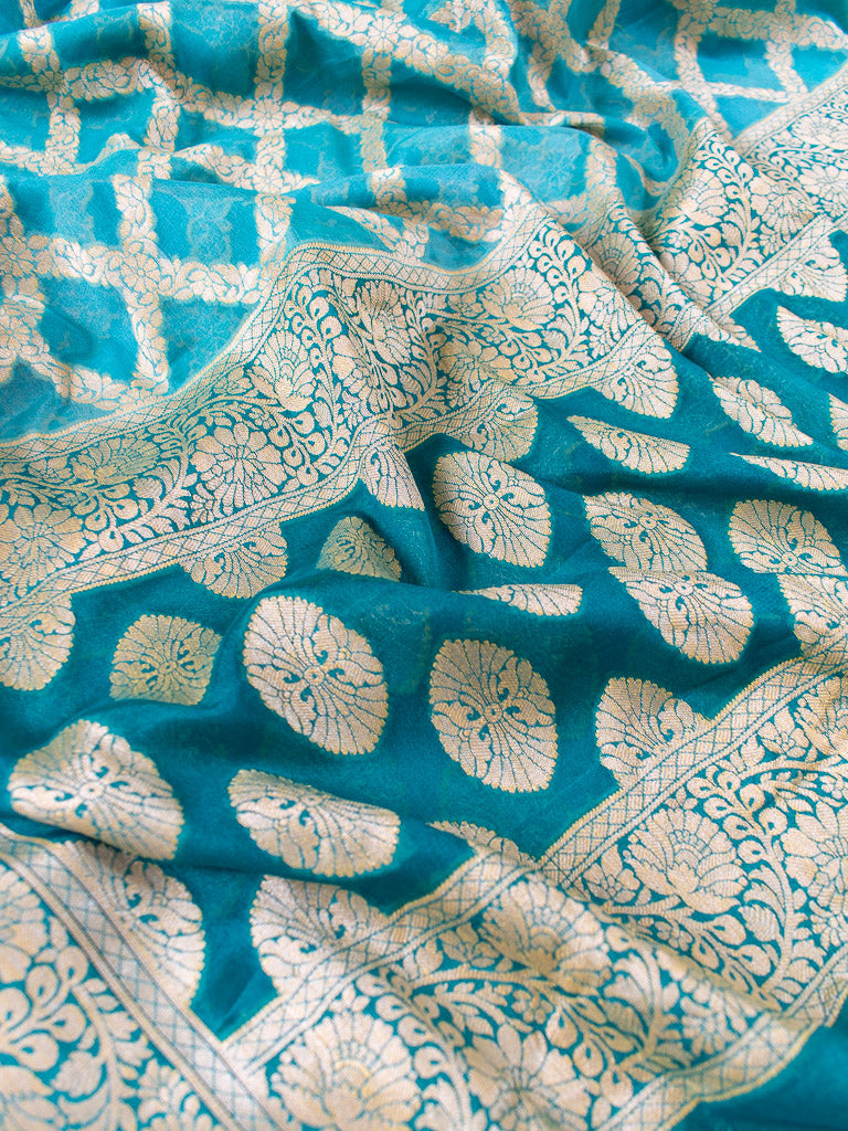 Banarasi Pure Chiffon Dual Shade Jaal Dupatta-Blue