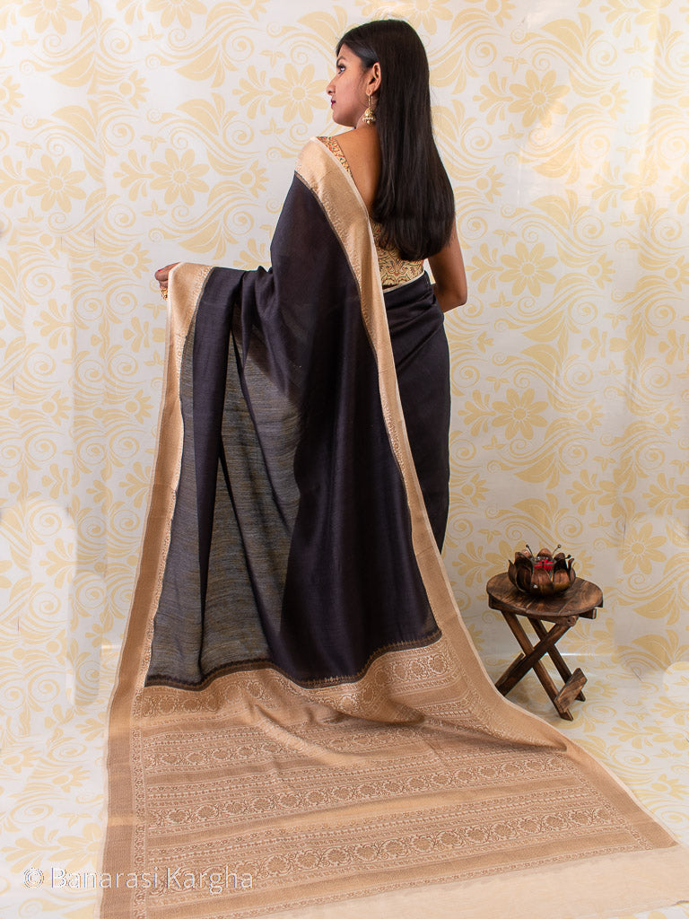 Banarasi Handwoven Pure Muga Silk Saree With Antique Resham Border-Black