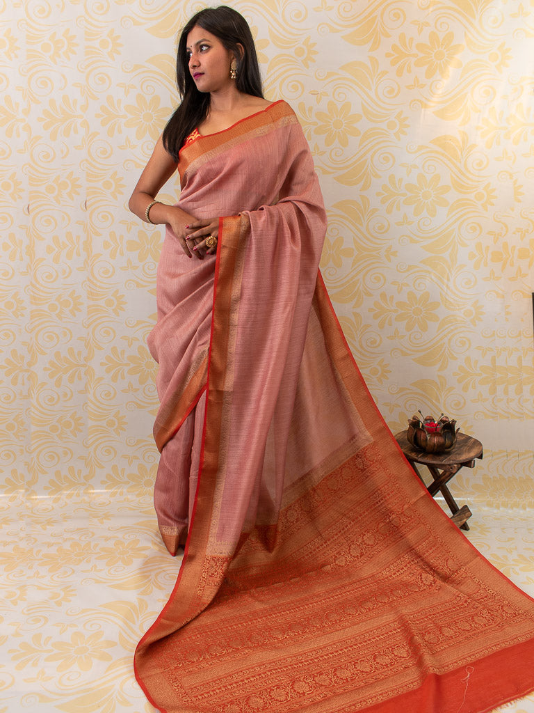 Banarasi Handwoven Pure Muga Silk Saree With Antique Resham Border-Pink & Red