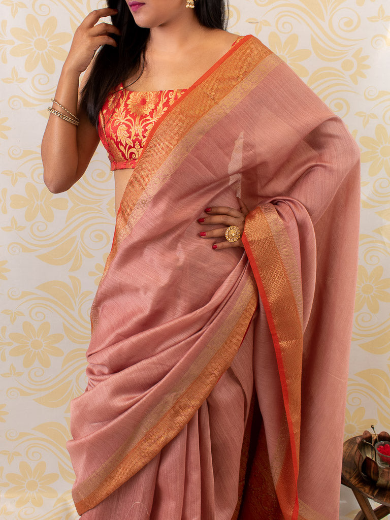 Banarasi Handwoven Pure Muga Silk Saree With Antique Resham Border-Pink & Red