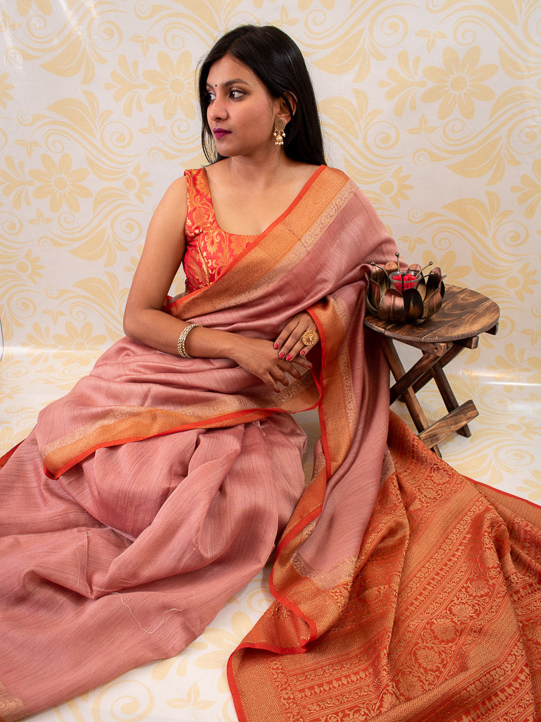 Banarasi Handwoven Pure Muga Silk Saree With Antique Resham Border-Pink & Red