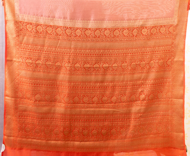 Banarasi Handwoven Pure Muga Silk Saree With Antique Resham Border-Pink & Red