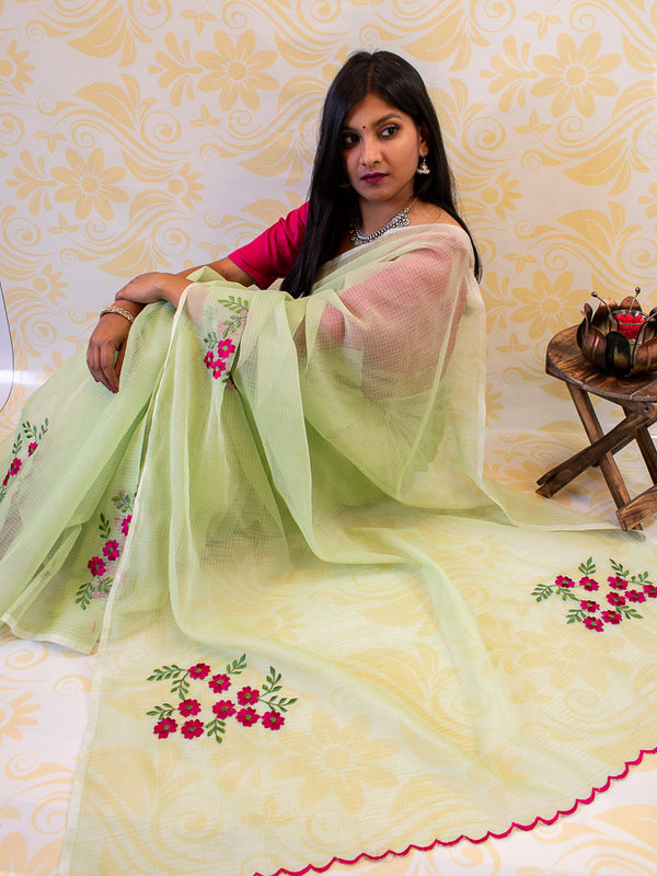Banarasi Kota Check Floral Embroidery Saree With Contrast Blouse-Pastel Green