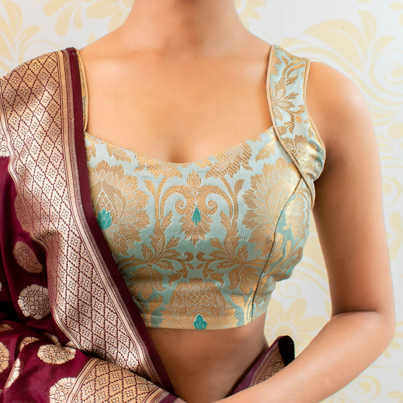 Banarasi Brocade Stitched Sleeveless Blouse-Pastel Blue – Banarasikargha