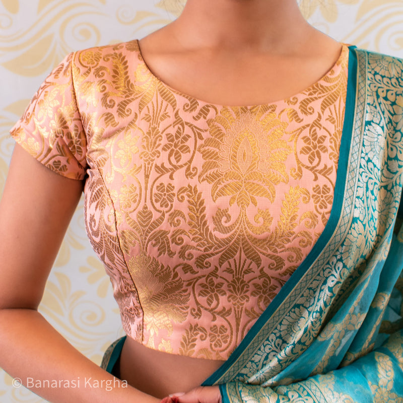 Banarasi Brocade Stitched Blouse With Sleeve-Peach