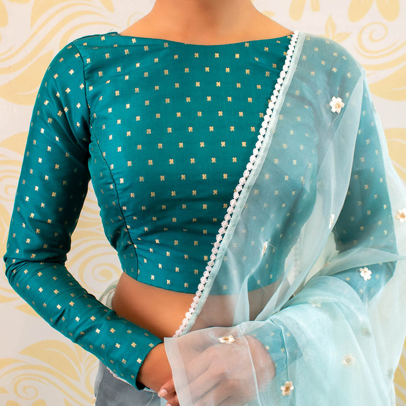 Banarasi  Stitched Blouse With  Full Sleeves-Teal Blue
