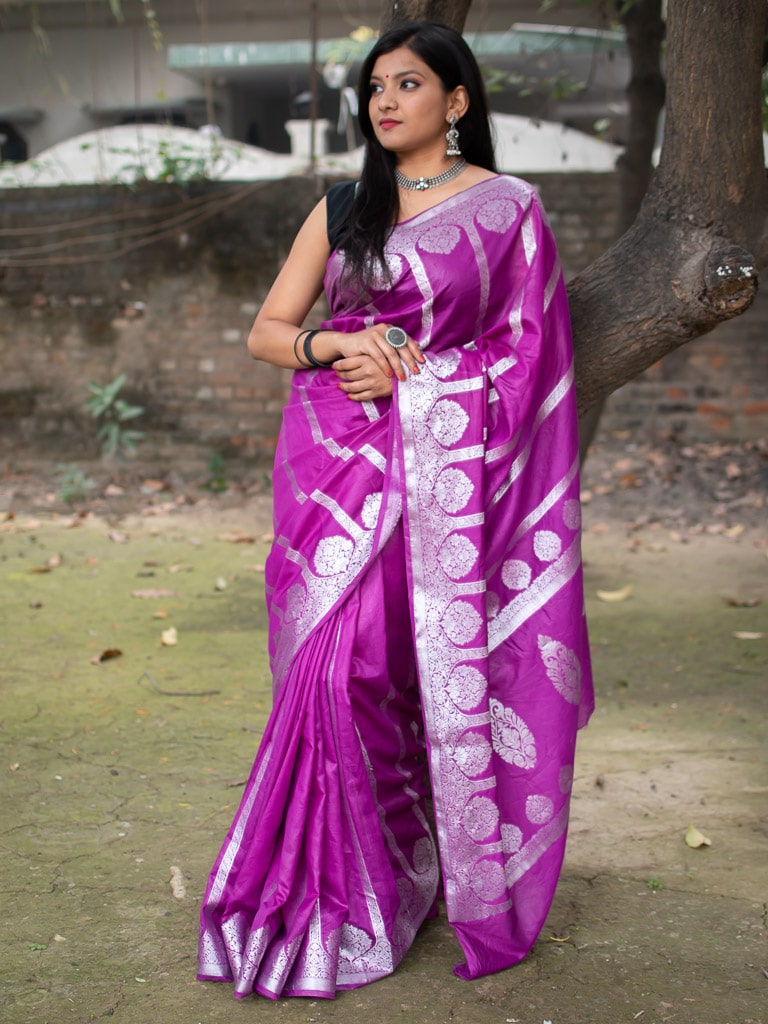 Banarasi Semi Silk Saree With Silver Zari Weaving-Purple