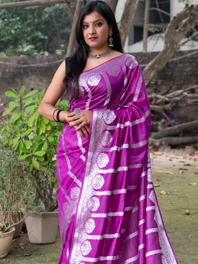 Banarasi Semi Silk Saree With Silver Zari Weaving-Purple