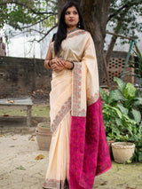 Banarasi Ghiccha Saree With Contrast Pallu-Beige & Maroon