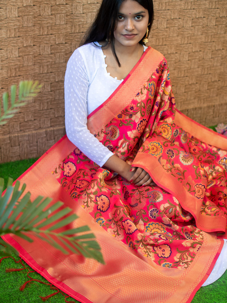 Banarasi Art Silk Meenakari Floral Jaal Dupatta-Red