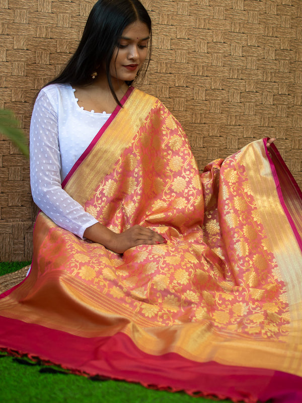 Banarasi Art Silk Floral Jaal Dupatta With Contrast Border-Peach
