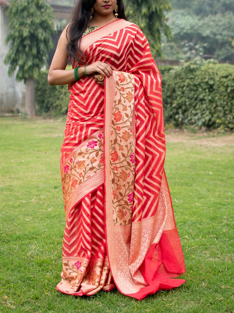 Banarasi Semi Chiffon Saree  Zari  Aada Weaving & Meena Border-Red