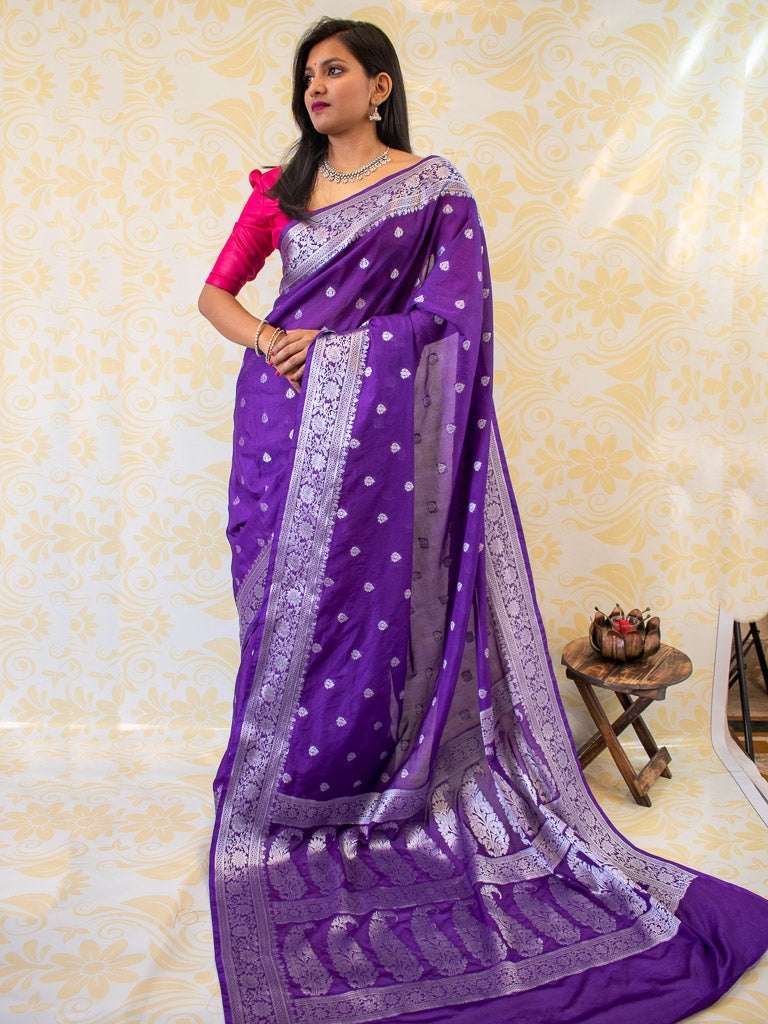 Banarasi Semi Silk Saree With Contrast Floral Weaving Border-Deep Purple