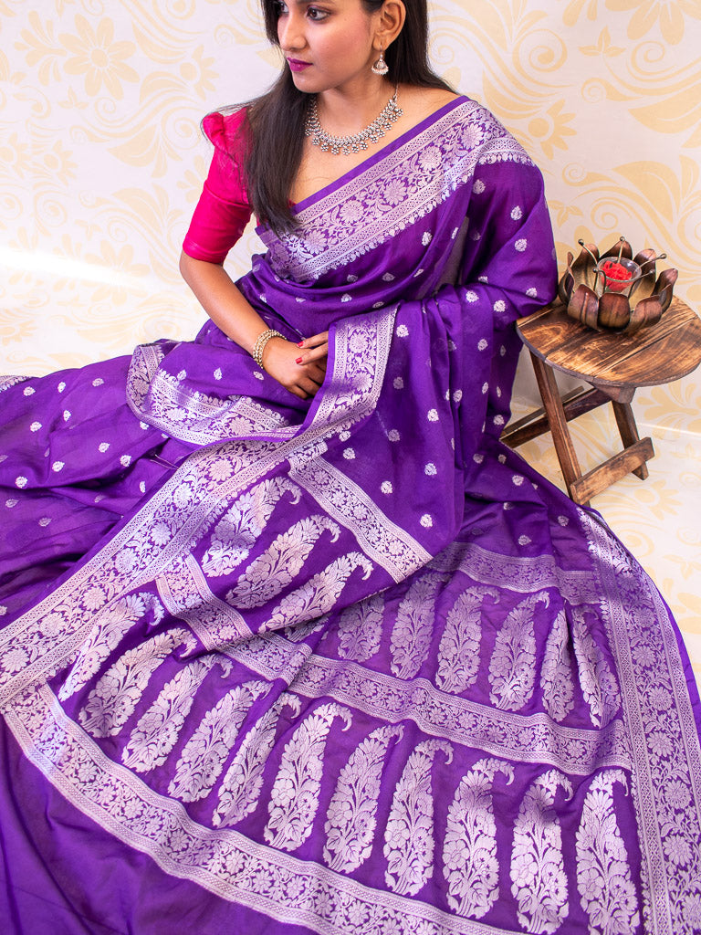 Banarasi Semi Silk Saree With Contrast Floral Weaving Border-Deep Purple