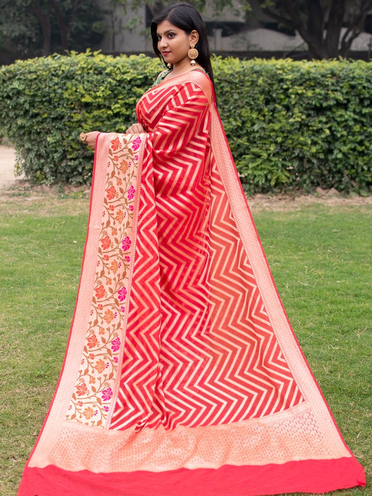 Banarasi Semi Chiffon Saree  Zari  Aada Weaving & Meena Border-Red