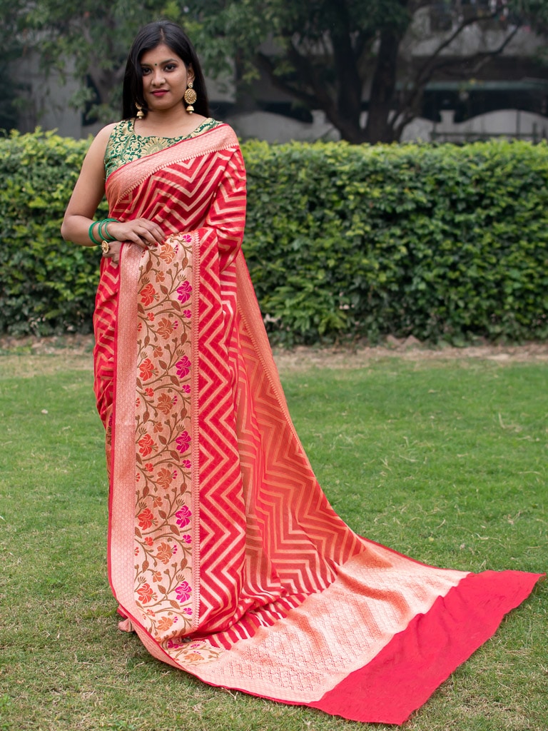Banarasi Semi Chiffon Saree  Zari  Aada Weaving & Meena Border-Red