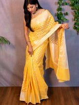 Banarasi Cotton Silk Saree With Small Buti Weaving-Yellow