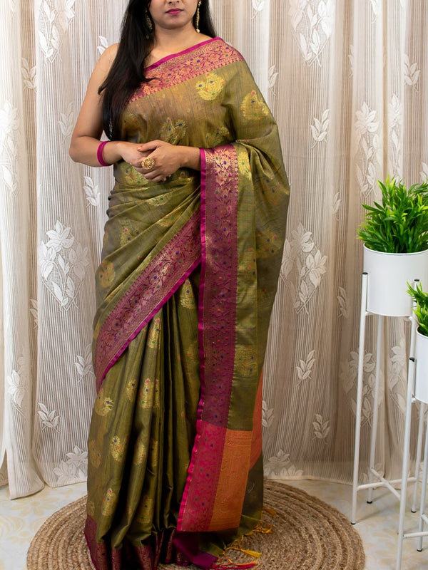 Banarasi Cotton Linen Mix Saree With Resham Peacock Weaving-Mehndi Green