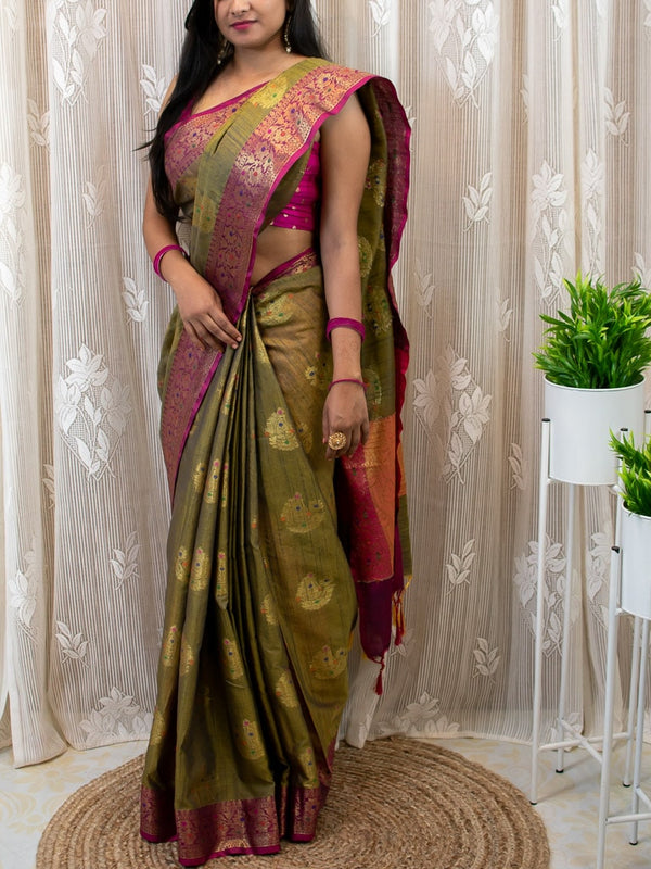 Banarasi Cotton Linen Mix Saree With Resham Peacock Weaving-Mehndi Green