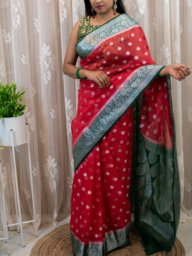 Banarasi Semi Silk Saree With Silver Zari Buti Weaving & Contrast Border-Red