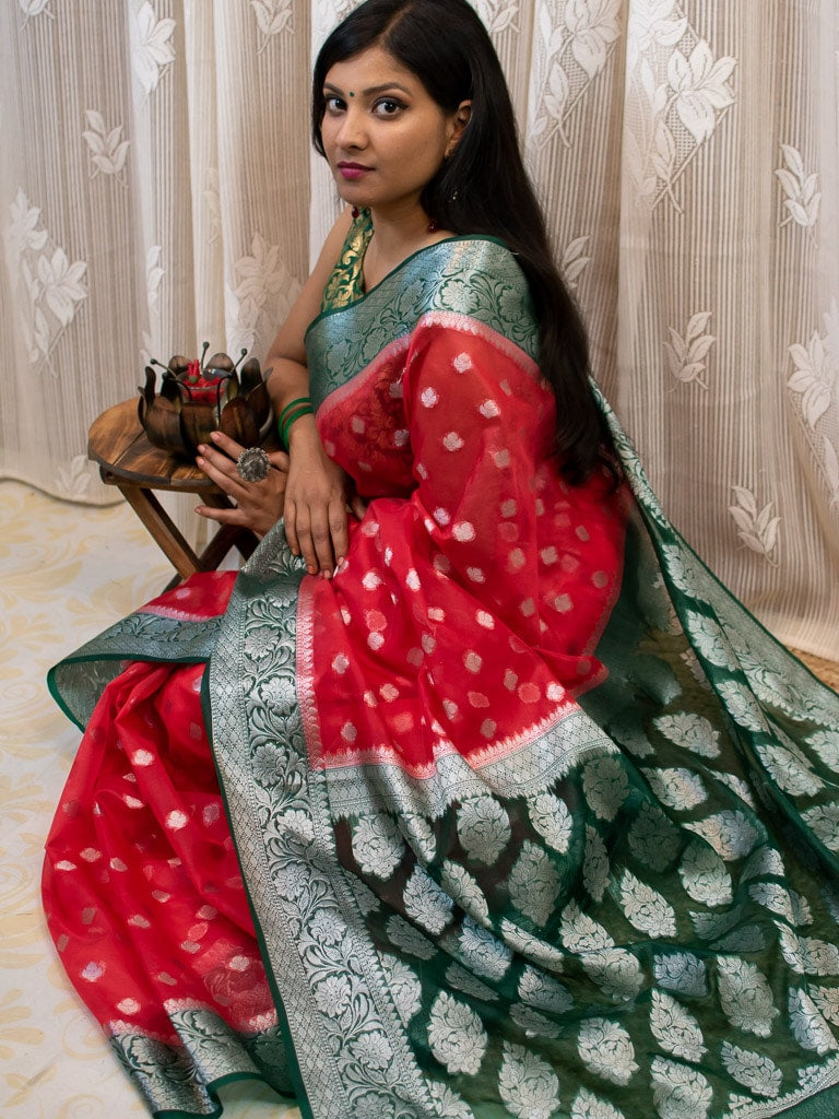 Banarasi Semi Silk Saree With Silver Zari Buti Weaving & Contrast Border-Red