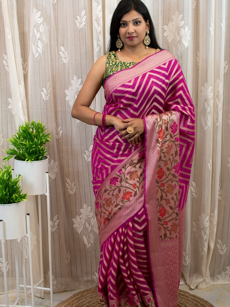 Banarasi Semi Chiffon Saree  Zari  Aada Weaving & Meena Border-Magenta