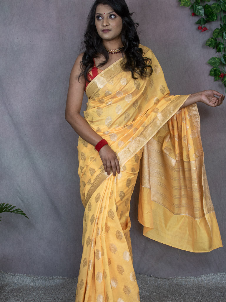 Banarasi Semi Silk Saree With Silver Zari Weaving-Yellow